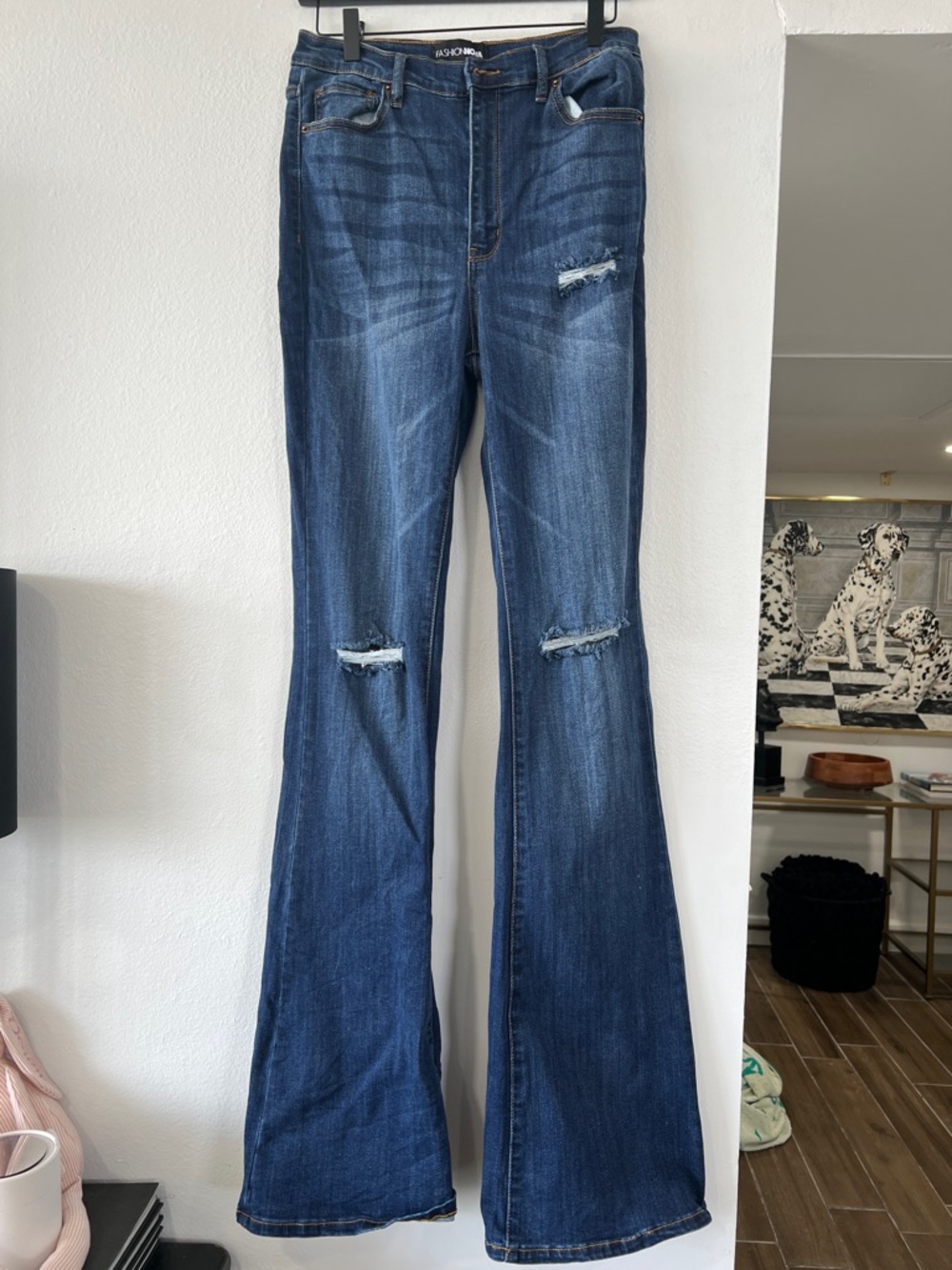 Fashion Nova Dark Blue Flare Jeans with Knee Rips